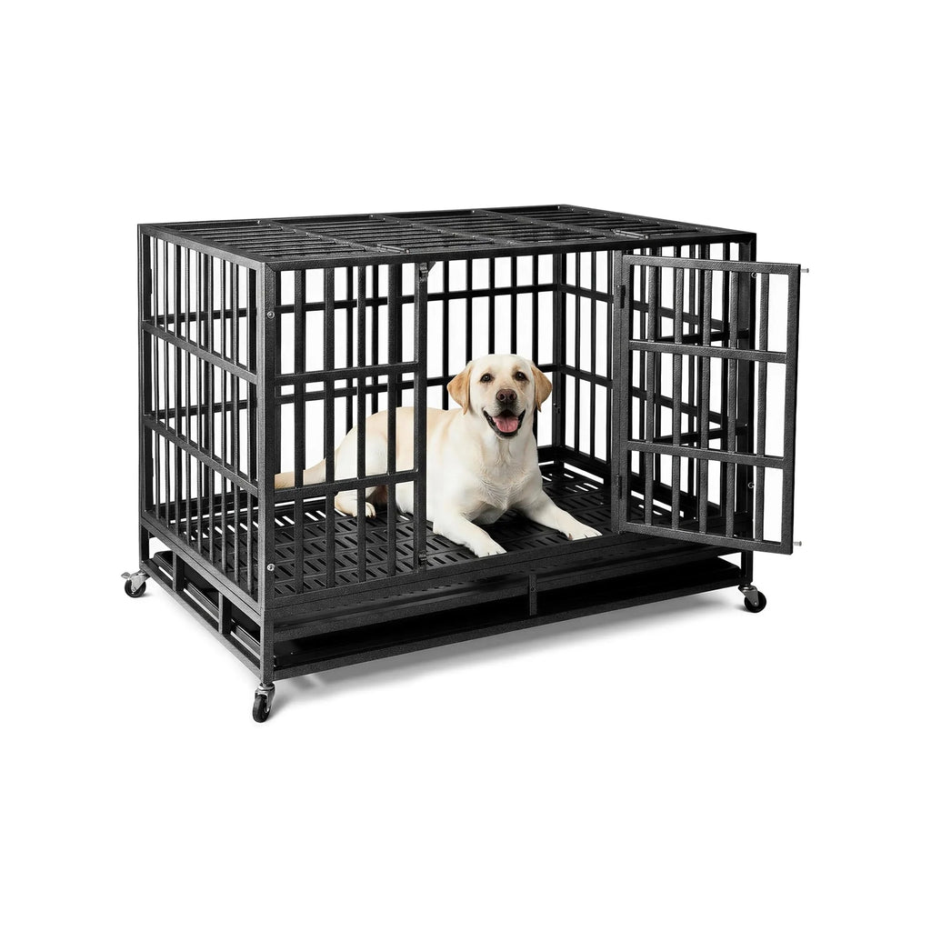 Escape-Proof Heavy Duty 48" Dog Crate, Indestructible Steel Kennel for Large & High-Anxiety Dogs with 300Lbs Capacity, Double Door Design with 4 Locking Wheels and Reinforced Baseplate.